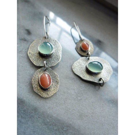 Rongyu Bohemian Mint chalcedony and Artificial Coral Earrings creative asymmetric Vintage Silver Earrings