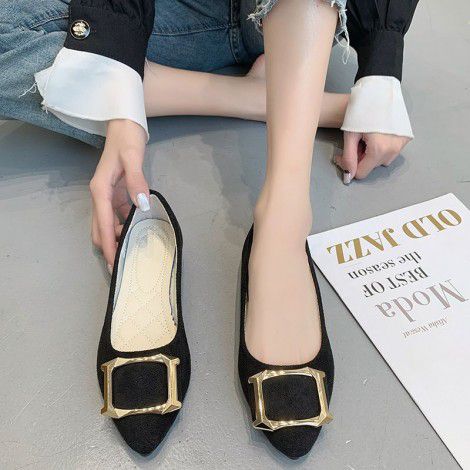Large women's shoes 2022 spring and autumn new pointed suede square buckle pea shoes casual flat sole women's single shoes work shoes