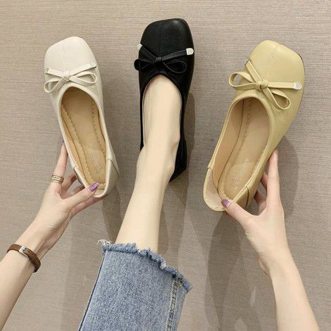Single shoe lady 2022 summer and autumn new shallow mouth square head bean shoes bow flat bottom fairy style grandma shoes lady scoop shoes 