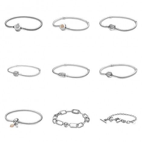 Original Beaded pan family Bracelet Silver shining round crown heart-shaped DIY Mickey full diamond series simple Snake bone chain