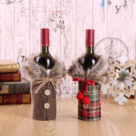 Christmas decorations, European and American new wine sets, holiday decoration props, bowknot, linen, wool collar, red wine bottle sets, spot