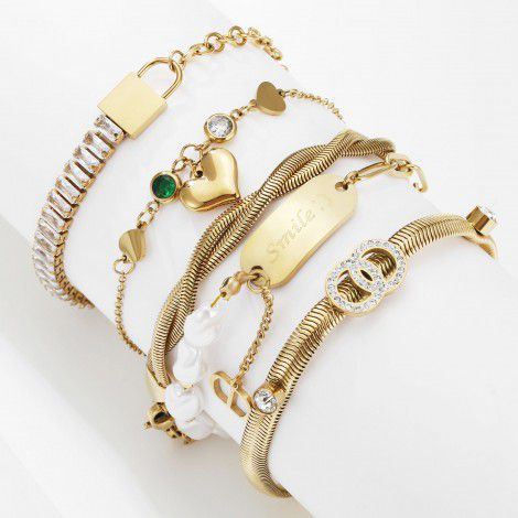 European and American ins fashion wild 18K genuine gold plated love zircon pearl lock letter pendant snake chain titanium steel bracelet