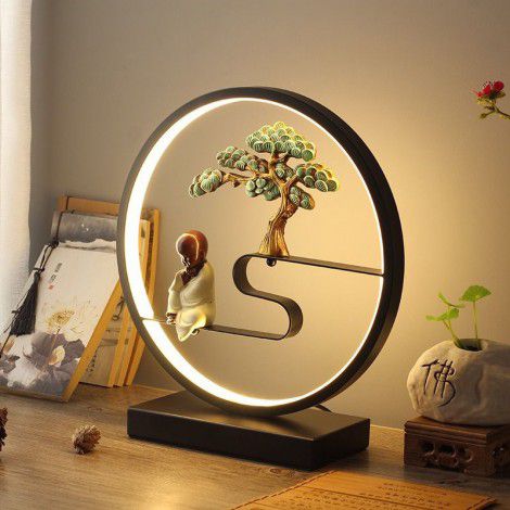 New Chinese table lamp bedroom bedside lamp Zen retro living room creative remote control touch cartoon dimming intelligent table lamp