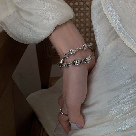 925 Sterling Silver Vintage love bracelet female ins small heart-shaped cool style Thai silver jewelry fried dough twist circle personality