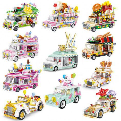 Zhegao min00886-00891000306-00310 ice cream truck milk tea truck wedding car building block toys