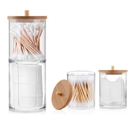 Bamboo covered cotton swab storage box, makeup remover cotton box, transparent bathroom stacking storage jar, acrylic cotton ball dust box
